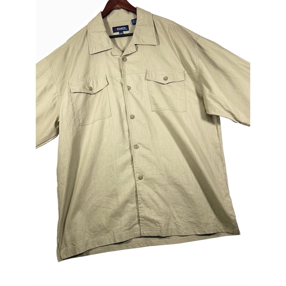 Enigma Linen Camp Shirt Short Sleeve Button Up Casual‎ Shirt 2XL Men Beige